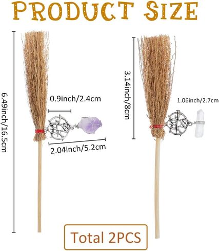 SUPERFINDINGS 2Pcs Mini Straw Brooms with Crystal Charms 16.5cm Halloween Witches Doll Tiny Brooms Straw Craft Halloween Decoration Prop Cosplay Party in Saudi Arabia