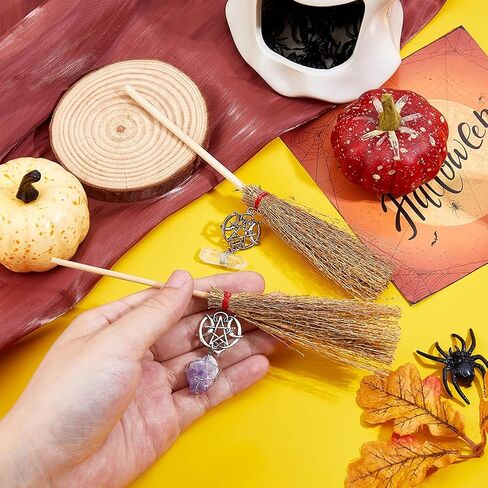 SUPERFINDINGS 2Pcs Mini Straw Brooms with Crystal Charms 16.5cm Halloween Witches Doll Tiny Brooms Straw Craft Halloween Decoration Prop Cosplay Party in Saudi Arabia