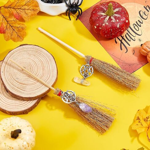 SUPERFINDINGS 2Pcs Mini Straw Brooms with Crystal Charms 16.5cm Halloween Witches Doll Tiny Brooms Straw Craft Halloween Decoration Prop Cosplay Party in Saudi Arabia