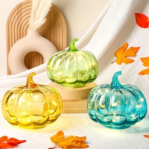 Leinuosen 3 Pcs Fall Glass Pumpkin Light 6 Inches Fall Pumpkin Glass Pumpkins with Timer LED Battery Operated Thanksgiving Orange Blue Green Glass Pumpkins Night Light Table Centerpieces Decor in Saudi Arabia