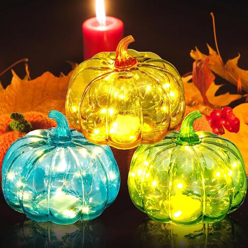 Leinuosen 3 Pcs Fall Glass Pumpkin Light 6 Inches Fall Pumpkin Glass Pumpkins with Timer LED Battery Operated Thanksgiving Orange Blue Green Glass Pumpkins Night Light Table Centerpieces Decor in Saudi Arabia