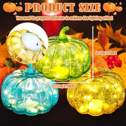 Leinuosen 3 Pcs Fall Glass Pumpkin Light 6 Inches Fall Pumpkin Glass Pumpkins with Timer LED Battery Operated Thanksgiving Orange Blue Green Glass Pumpkins Night Light Table Centerpieces Decor in Saudi Arabia