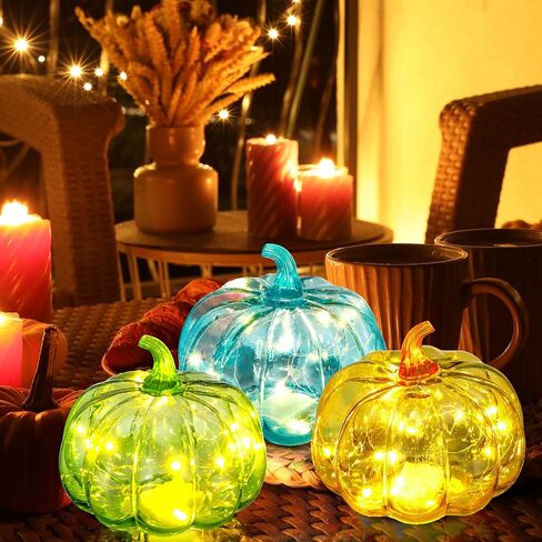 Leinuosen 3 Pcs Fall Glass Pumpkin Light 6 Inches Fall Pumpkin Glass Pumpkins with Timer LED Battery Operated Thanksgiving Orange Blue Green Glass Pumpkins Night Light Table Centerpieces Decor in Saudi Arabia
