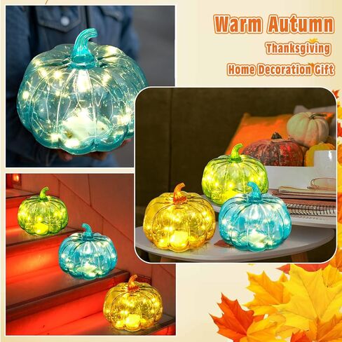 Leinuosen 3 Pcs Fall Glass Pumpkin Light 6 Inches Fall Pumpkin Glass Pumpkins with Timer LED Battery Operated Thanksgiving Orange Blue Green Glass Pumpkins Night Light Table Centerpieces Decor in Saudi Arabia
