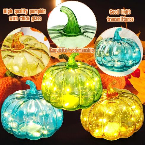 Leinuosen 3 Pcs Fall Glass Pumpkin Light 6 Inches Fall Pumpkin Glass Pumpkins with Timer LED Battery Operated Thanksgiving Orange Blue Green Glass Pumpkins Night Light Table Centerpieces Decor in Saudi Arabia