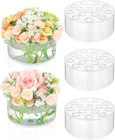 4 Pack Clear Acrylic Flower Vase Circle Floral Centerpiece Dining Table, 5.9 Inch Wedding Round Flower Vase, 15 Holes Modern Acrylic Low Vases with Holes in Saudi Arabia