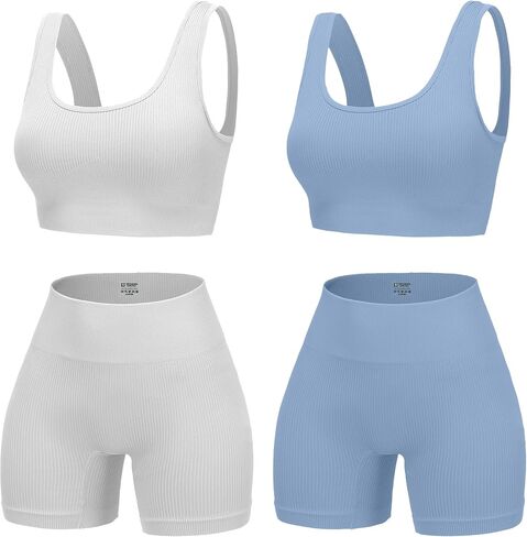 4 Piece Workout Sets for Women Seamless Ribbed High Waist Yoga shorts with Sports Bra Outfits in Kuwait