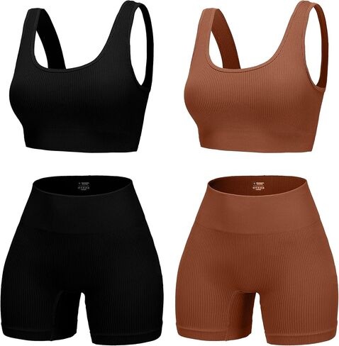 4 Piece Workout Sets for Women Seamless Ribbed High Waist Yoga shorts with Sports Bra Outfits in Kuwait