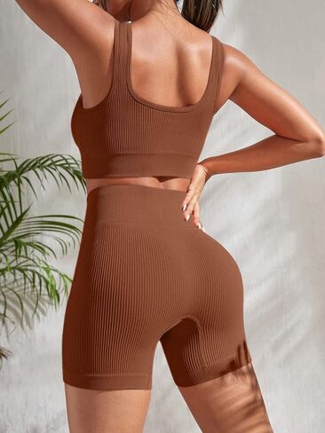 4 Piece Workout Sets for Women Seamless Ribbed High Waist Yoga shorts with Sports Bra Outfits in Kuwait