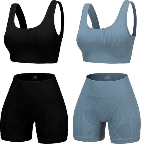 4 Piece Workout Sets for Women Seamless Ribbed High Waist Yoga shorts with Sports Bra Outfits in Kuwait
