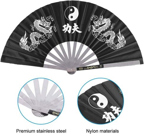 Stainless Steel Tai Chi Fan Chinese Kung Fu Martial Arts Dance Practice Training Performance Fan Sports Hand Folding Fan for Men/Women (Black, Red, Blue)(Black) tai chi map in Saudi Arabia