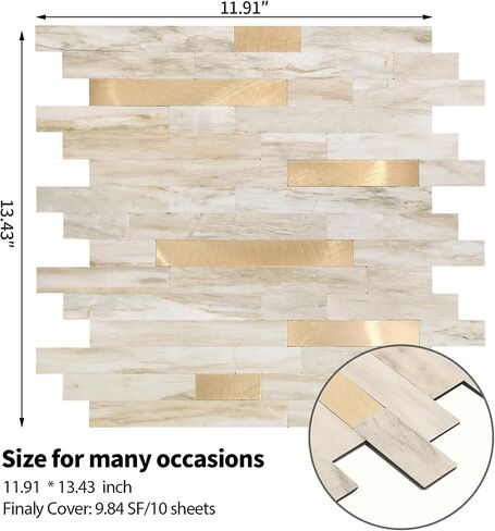 Yipscazo 10 Sheets Peel and Stick Stone Metal Tile Backsplash, Stick on Tiles for Backsplash Kitchen, Bathroom, Laundry Room, Camper, Fireplace (12'' X 12'', Ecru) in Saudi Arabia