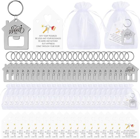 24 Sets New Home Keychain Bulk Welcome Sweet Home Keychain with Organza Bags Blessing Cards Gift for House Real Estate Client in Saudi Arabia
