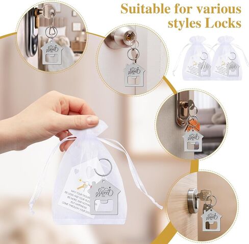 24 Sets New Home Keychain Bulk Welcome Sweet Home Keychain with Organza Bags Blessing Cards Gift for House Real Estate Client in Saudi Arabia