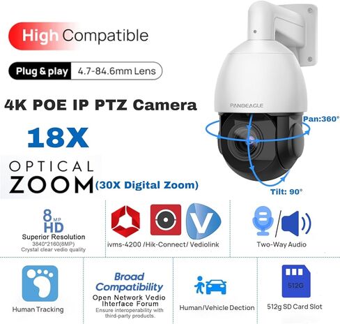 كاميرا PANOEAGLE 4K 8MP بالألوان الكاملة PTZ في الهواء الطلق مع تكبير بصري 5X عدسة 2.7 ~ 13.5 مم، رؤية ليلية ذكية مزدوجة الضوء، اكتشاف المركبات البشرية بالذكاء الاصطناعي، صوت ثنائي الاتجاه، فتحة Micro SD (512 جيجابايت)، IP67 in Saudi Arabia