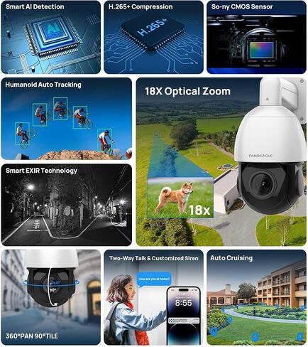 كاميرا PANOEAGLE 4K 8MP بالألوان الكاملة PTZ في الهواء الطلق مع تكبير بصري 5X عدسة 2.7 ~ 13.5 مم، رؤية ليلية ذكية مزدوجة الضوء، اكتشاف المركبات البشرية بالذكاء الاصطناعي، صوت ثنائي الاتجاه، فتحة Micro SD (512 جيجابايت)، IP67 in Saudi Arabia