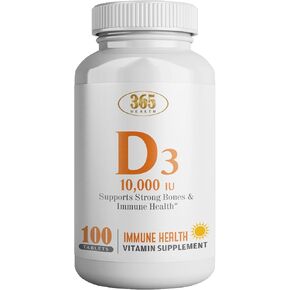 365 Health Vitamin D 250mcg, D3 Cholecalciferol for Immune Support and Promotes Healthy Bones, D3 10000IU Tablets, White-Color, 10,000 IU, 100 Count (Pack of 1)