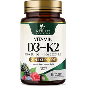 Nature's Nutrition Vitamin D3 K2 5000 iu of D-3 & 100mcg of Vitamin K-2 as MK-7, 2-1 Complex for Immune Support, Heart, Joint, Teeth & Bone Health Support, Non-GMO, Berry Flavor, 60 Chewable Tablets