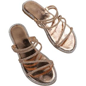 GORGLITTER Women's Rhinestone Sparkly Metallic Strappy Flat Sandals Cute Toe Slip on Slide Sandals Champagne 9.5