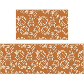 Orange Pumpkin Fall Kitchen Mats Set of 2 Thanksgiving Decorative Rugs Seasonal Autumn Home Decor Non Skid Washable Farmhouse Low Profile Fall Kitchen Rugs for Floor, 17" x 29" + 17" x 47"