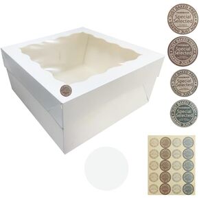 18Pcs (12.2x12.2x5.9 in) Mini Cake Boxes+18 Cakeboard+1 stickers with Display Window for Gift Giving, Bakesale, Cupcakes, Dessert, Cookies, Pie, Macaroons, Donuts, Pastry, (White), 12CDGH