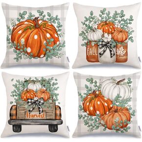 GEEORY Fall Pumpkins Throw Pillow Covers 18x18 Inch Set of 4, Eucalyptus Truck Mason Jars Autumn Decorative Seasonal Farmhouse Decoration for Home (Orange) G545-18