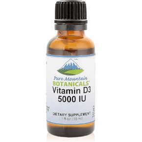 Pure Mountain Botanicals Liquid Vitamin D Drops - Unflavored Kosher D3 Liquid Drops in MCT Oil - 5000IU per Serving - 1oz Bottle