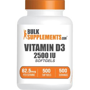 BulkSupplements.com Vitamin D3 2500IU Softgels - Cholecalciferol, D3 Supplement, Vitamin D 2500 IU - 1 Vitamin D3 Softgel (62.5mcg of Vitamin D) per Serving, 500 Count (Pack of 1)