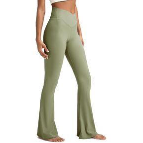 Women's Crossover Flare Leggings, High Waisted Wide Leg Flared Yoga Pants Pale Green