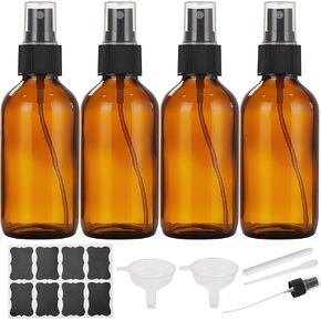 Bastelica 4 Pack 4 oz Amber Glass Spray Bottles with 2 Funnels & 8 Lables & 1 Marker - 120ml Small Empty Fine Mist Spray Bottle