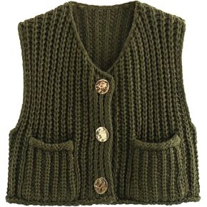 KEOMUD Women Sleeveless Crop Knit Cardigan Vest Casual Cropped Button Down Open Front Sweater Vest with Pockets