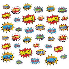 Beistle 36 Piece Cardstock Paper Hero Themed Sign Cut Outs for Comic Book Birthday Party Decorations, Made in USA Since 1900, 6" - 12.5", Multicolor