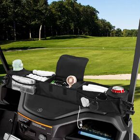 Golf Cart Front Storage Basket, Golf Cart Caddy Tray with 2 Insulated Cup Holders, Golf Cart Organizer No Drilling,Universal fit with Evolution ICON EZGO Club Car Kandi Golf Cart Accessories