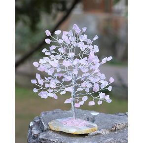 Bezavo Rose Quartz Tree - Crystal Tree - Gemstone Tree - Money Tree - Feng Shui Tree - Crystal Tree of Life - Slice Base - Healing Crystals - Chakra Tree - Home Decor - Bonsai Tree - Holistic Gifts
