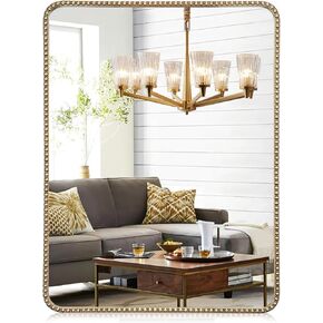 24"x32" Antique Gold Mirror with Beaded Frame, Wall Mirror for Bathroom, Rectangle Gold Metal Decorative Mirror for Vanity Accent Bedroom Living Room Hallway Fireplace