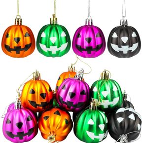 HOWAF 12 Pcs Halloween Hanging Pumpkin Ornaments, Halloween Jack-O-Lantern Shatterproof Ball Ornaments with Expression Hanging Mini Pumpkin Horror Night Halloween Ornaments Party Tree Supplie