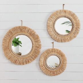 Boho Wall Mirrors, Handcraft Raffia Decorative Hanging Mirror with Beads for Farmhouse Home Décor, Bohemian Hanging Circle Mirror for Wall Décor, Set of 3