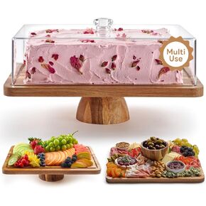 Acacia Wood Cake Stand with Lid - Rectangular Cake Holder, 2-in-1 Dessert Table Display Set & Charcuterie Board for Cheese, Chips, Fruit Platter, Large Acrylic Cake Dome Cover, No Glass