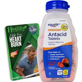 Equate Ultra Strength Antacid Tablets - Calcium Carbonate 1000mg - 72 Chewable Tablets Assorted Berries and Vital Volumes Heartburn Tips Card - Bundle