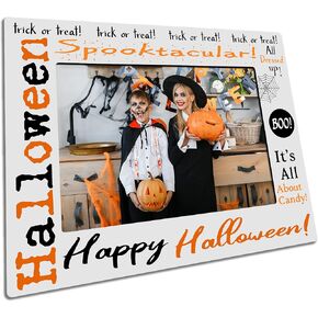 Photo Frame Fits The 5x7 Photos - Happy Halloween Picture Frame With A Wood Stand Behind - Halloween Wooden Frame Decoration Display For Tabletop Standing - Spooktacular Trick Or Treat- A03