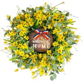 Wreath Yellow Daisies with Patriotic Welcome Sign. 22" Spring and Summer Wreath. Faux Silk Floral Wreath with Eucalyptus Leaves. Wreath for Front Door, Wall, Window, Festival, Porch, Garden Decoration