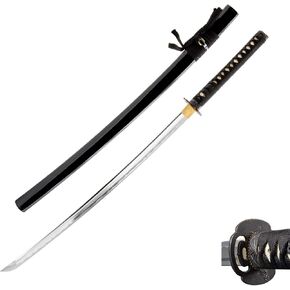 HMS Unsharpened Iaido Trainging Katana Sword, Aluminium Alloy Blade, Handmade, Full Tang, Brass Fittings, Bamboo Alloy Tsuba, Black Scabbard
