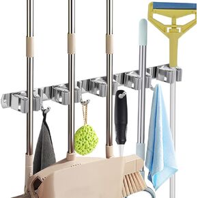 Mop and Broom Holder Wall Mount, Broom Hanger Wall Mount , 17" Mop Holder Stainless Steel with 5 Rack 4 Hooks for Home, Kitchen, Laundry Room, Garage, Garden, Bathroom, and 1 hook Separated included