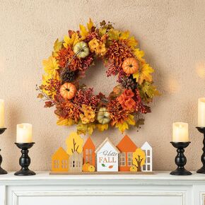 Glitzhome 24 Inch Pre-lit Fall Wreath Autumn Wreath for Front Door, Lighted Maple Leaves Wreath with Timer for Thanksgiving Halloween Christmas Wreath Wall Front Porch Home Decoration