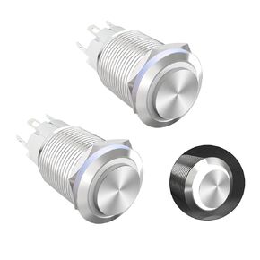 Momentary Push Button Switch 12V 24V Waterproof Stainless Steel Metal 3/4" Mounting Hole White LED SPST Switch for Electrical Equipment, 2 Pcs, High Round