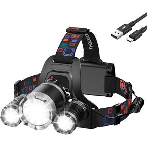 WdtPro Headlamp Rechargeable High Lumes, Lightweight Head Lamp with 3 Powered Bright LED Headlights, 90°Adjustable 4+2 Modes & Tail Lights Waterproof Headlamp for Adult Outdoor Camping Hunting