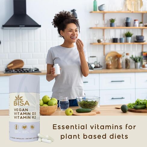 Bisa Vegan Vitamin D3 & K2 Supplement |Promote Immune Function, Bones & Heart Health | Vitamin D3 2,000 IU, 50mcg & Vitamin K2 (MK-7) 100mcg | 100% Vegan & Eco-Friendly | 60 Capsules | 2 Month Supply in Saudi Arabia