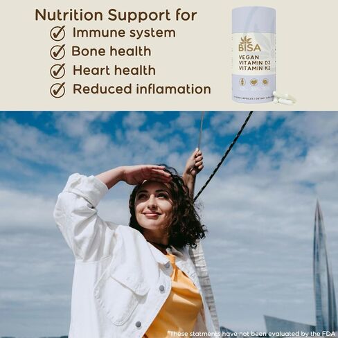 Bisa Vegan Vitamin D3 & K2 Supplement |Promote Immune Function, Bones & Heart Health | Vitamin D3 2,000 IU, 50mcg & Vitamin K2 (MK-7) 100mcg | 100% Vegan & Eco-Friendly | 60 Capsules | 2 Month Supply in Saudi Arabia