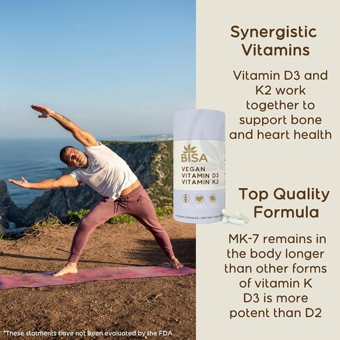 Bisa Vegan Vitamin D3 & K2 Supplement |Promote Immune Function, Bones & Heart Health | Vitamin D3 2,000 IU, 50mcg & Vitamin K2 (MK-7) 100mcg | 100% Vegan & Eco-Friendly | 60 Capsules | 2 Month Supply in Saudi Arabia