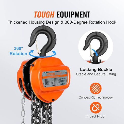 VEVOR Hand Chain Hoist 1/2 Ton 10 FT Come Along, 1100 lbs Capacity G80 Galvanized Carbon Steel with Double-Pawl Brake, Auto Chain Leading & 360° Rotation Hook, for Garage Factory Dock in Saudi Arabia